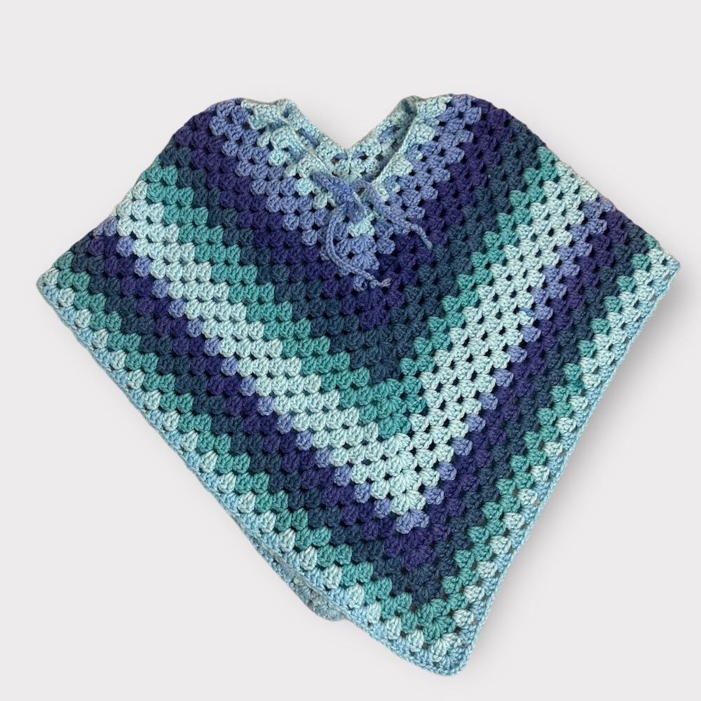 Vintage Boho Blue Knit Poncho - Picture 3 of 6